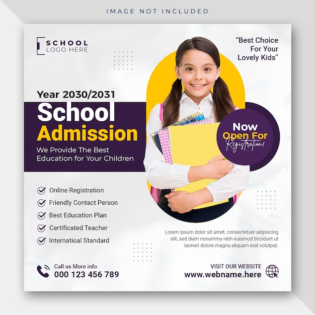 Mídia social de educação de admissão escolar poste banner da web ou modelo de folheto quadrado do instagram