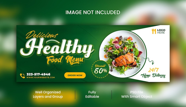 PSD mídia social de restaurante de menu de comida saudável capa do facebook e modelo de design de postagem de banner do instagram