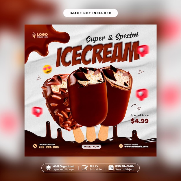 PSD mídia social de sorvete delicioso especial ou modelo de design de banner web criativo