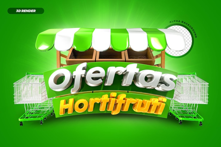 PSD mídia social hortifruti oferece rótulo promocional 3d render premium psd