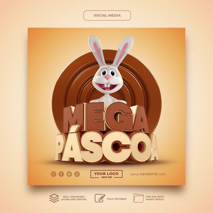 PSD mídia social mega páscoa no brasil rabbit 3d render template