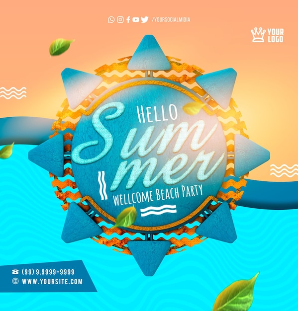 PSD mídia social olá festa de verão na praia