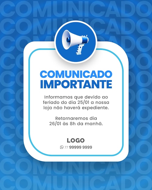 PSD mídia social para avisos e comunicados azul mídia social para avisos e comunicados azul