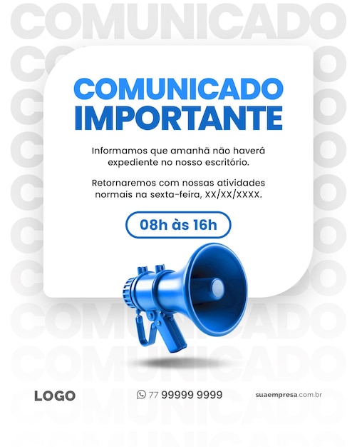 PSD mídia social para avisos e comunicados azul mídia social para avisos e comunicados azul