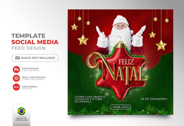 Mídia social post feliz natal em português 3d render para campanha de marketing no brasil