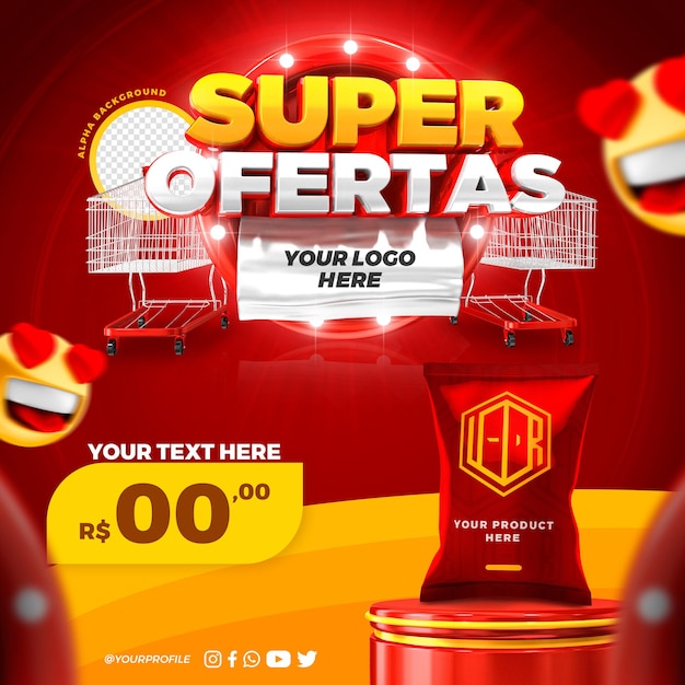 PSD mídia social super oferta promoção instagram post template 3d render premium psd