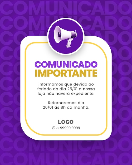 Mídias sociais para avisos e comunicados roxo e amarelo para avisos e lançamentos roxo e amarelo