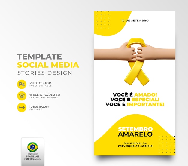 Mídias sociais postam setembro amarelo para campanha de marketing no brasil em renderização 3d