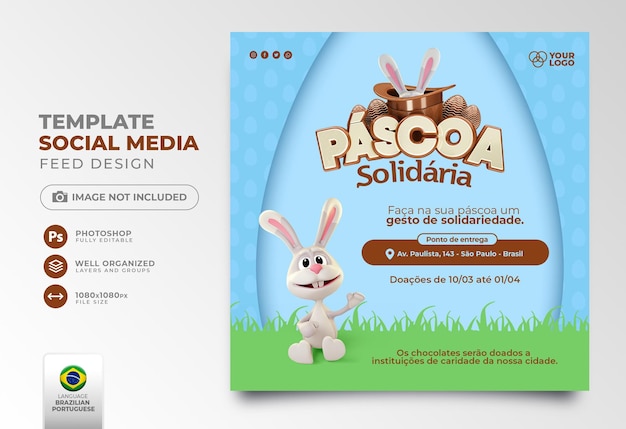PSD mídias sociais postam solidariedade de páscoa em renderização 3d portuguesa para campanha de doação no brasil