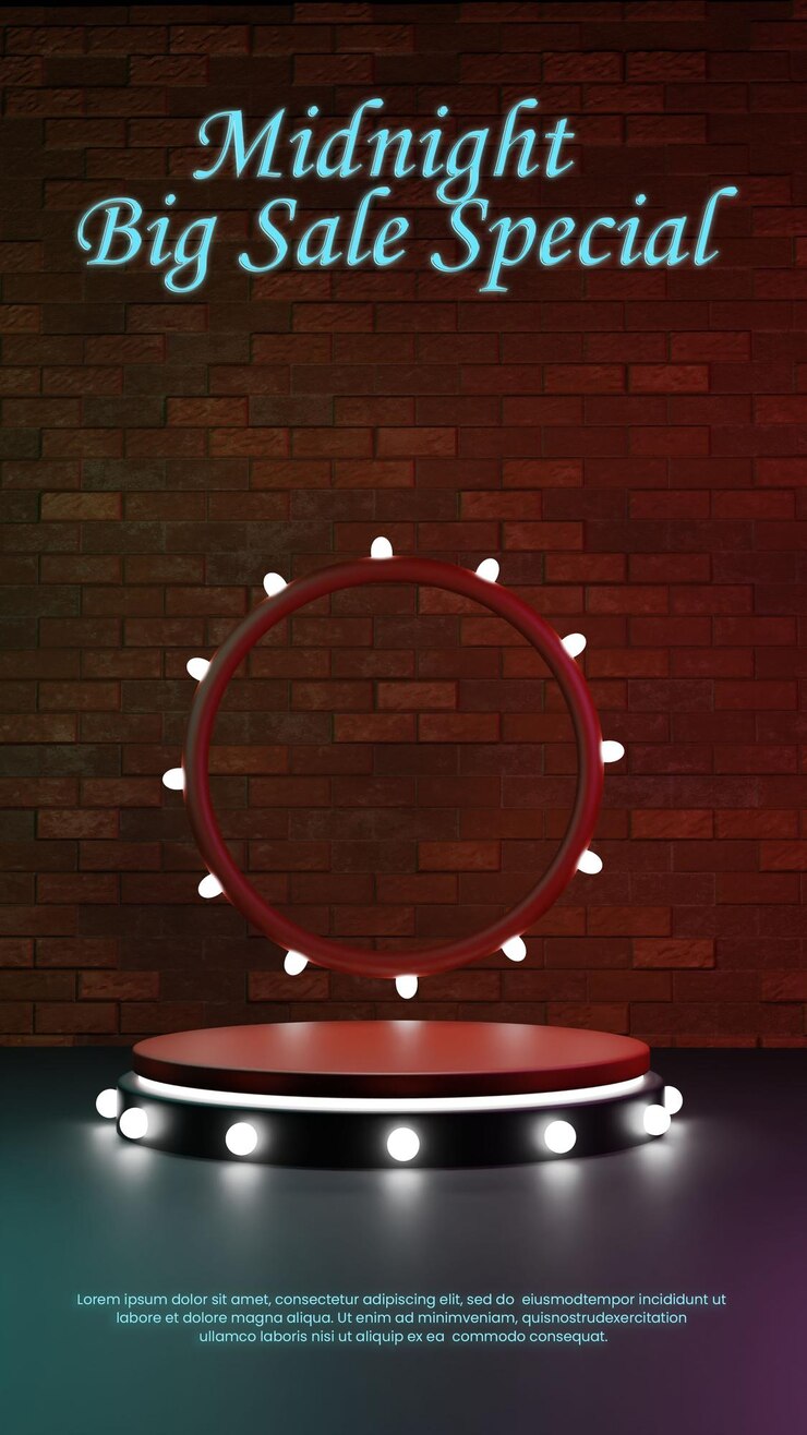 PSD midnight neon podium with brickwall background for product presentation