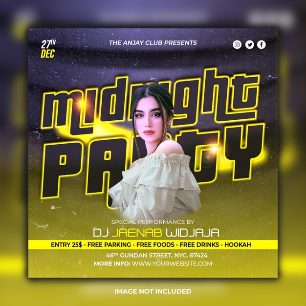 Midnight party club dj flyer post e banner nas redes sociais