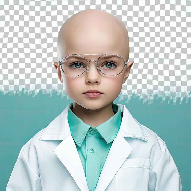 PSD sin miedo scandi toddler calvo bold brillante en el traje de científico médico close up labios en pastel teal