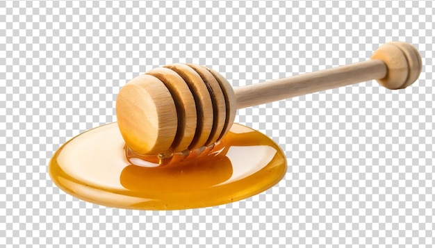 PSD la miel goteando de un recipiente de miel de madera aislado sobre un fondo transparente