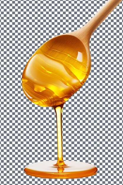 PSD la miel que gotea de un cucharón de miel de madera aislado sobre un fondo transparente