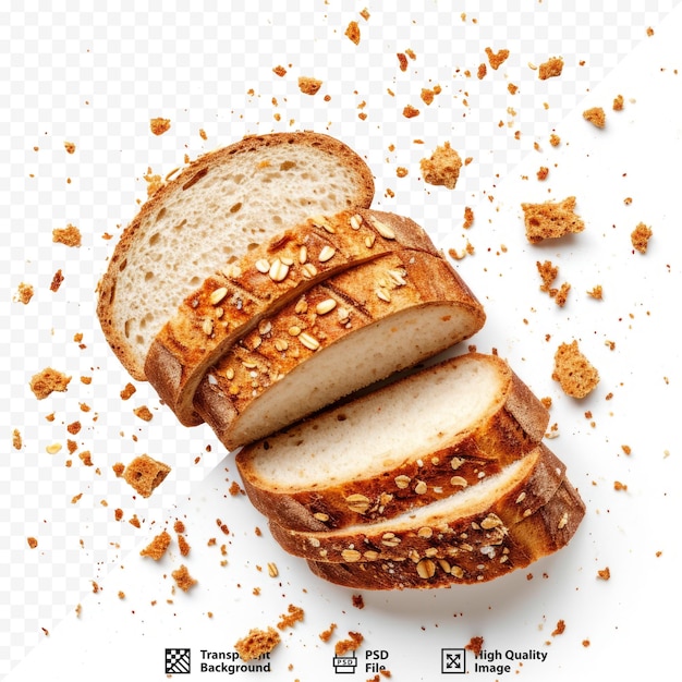 Migalhas de pão espalhadas e pão em fatias em uma mesa branca com fundo isolado