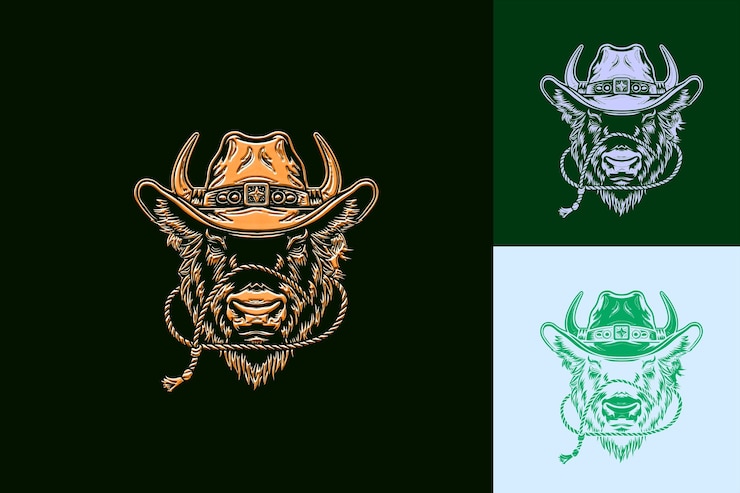 PSD mighty bison animal mascot logo com american old west cowbo cute abstract vector designs