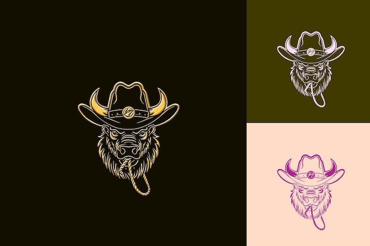 PSD mighty bison animal mascot logo com american old west cowbo cute abstract vector designs
