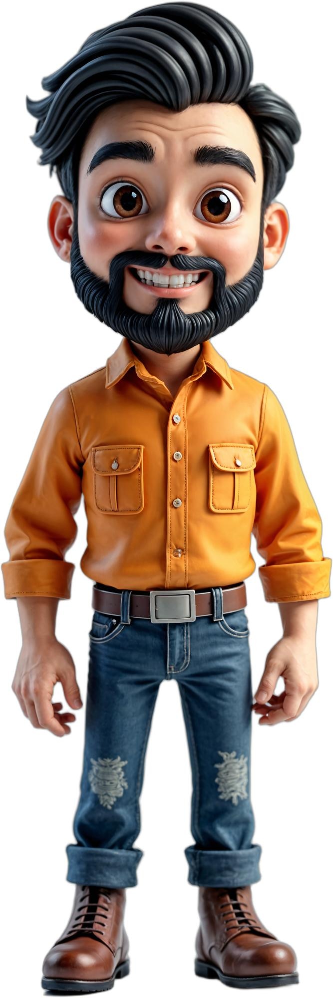 PSD un mignon artisan de dessins animés avec une barbe et une tenue décontractée comprenant un jean à chemise jaune et des bottes de travail isolé sur un fond transparent