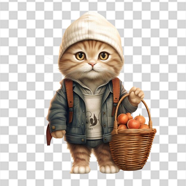 PSD le mignon et beau chat portant une veste et un chapeau tenant une balle de basket png transparent