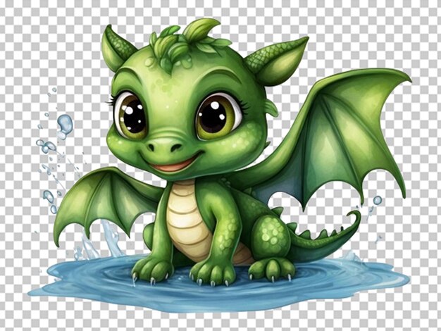 Un Mignon Bébé Petit Dragon Vert Assis Sur Un éclaboussure D'eau