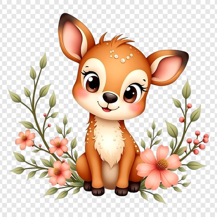 PSD un mignon cerf de dessin animé avec une couronne de fleurs isolée sur un fond transparent