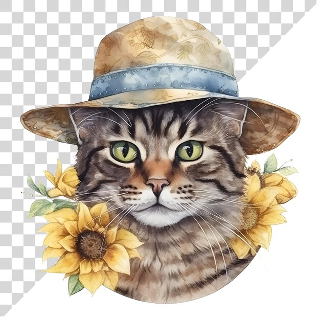 PSD un mignon chat à l'aquarelle de dessin animé avec du tournesol sur un fond transparent