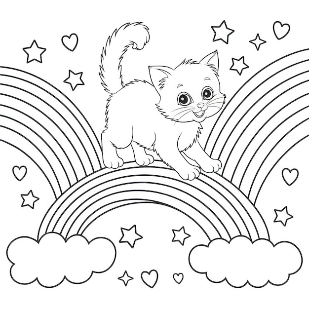 Un mignon chat de dessin animé sur un arc-en-ciel parfait pour les livres à colorier