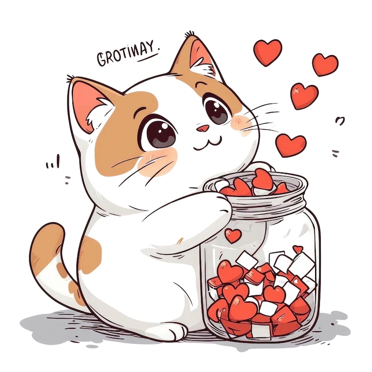 PSD un mignon chat tenant un pot plein de cœurs