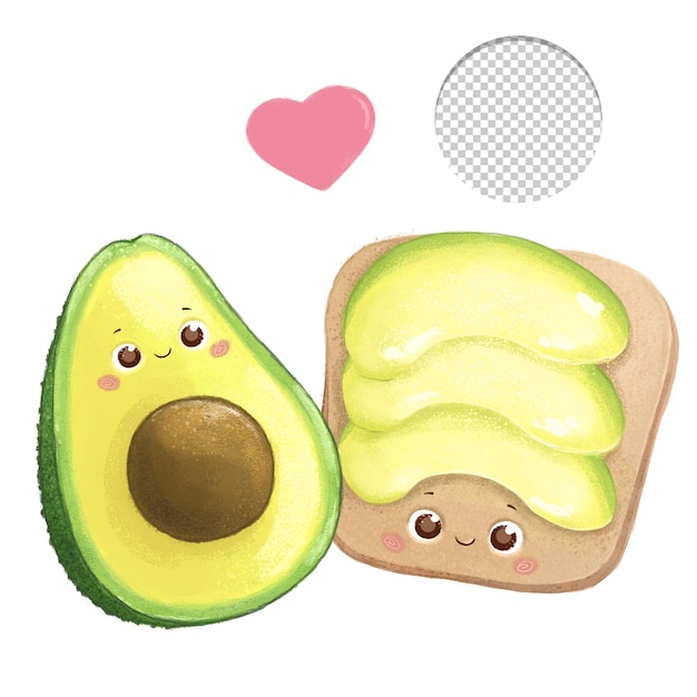 PSD mignon demi-avocat et toast à l'avocat style kawaii isolé sur fond blanc