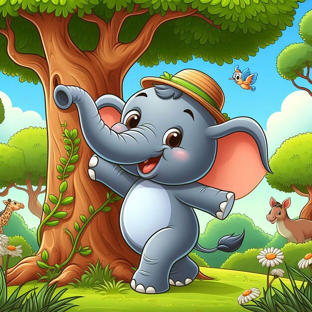 PSD un mignon dessin animé d'éléphant avec un arbre en arrière-plan