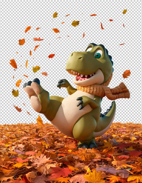 PSD un mignon dinosaure avec un foulard qui marche à travers les feuilles d'automne