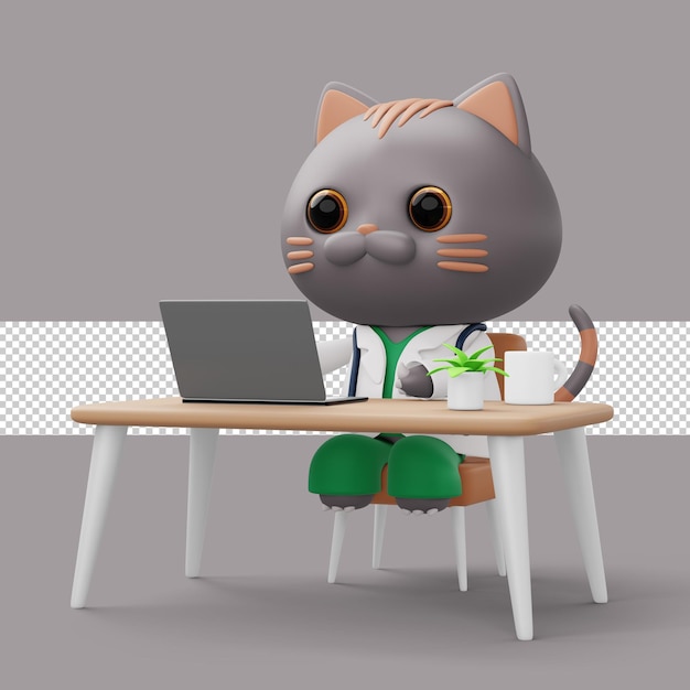 PSD mignon docteur chat 3d dessin animé chat personnage rendu 3d