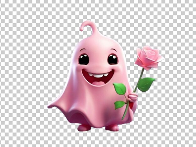 PSD un mignon fantôme de dessin animé tenant des fleurs roses et un bâton d'étoile