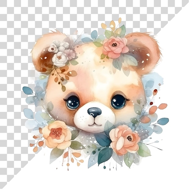 PSD un mignon ours à l'aquarelle de dessin animé avec des fleurs sur un fond transparent