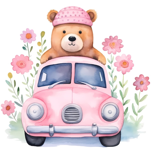 PSD un mignon ours de dessin animé dans la voiture et des fleurs à l'aquarelle illustration de clipart