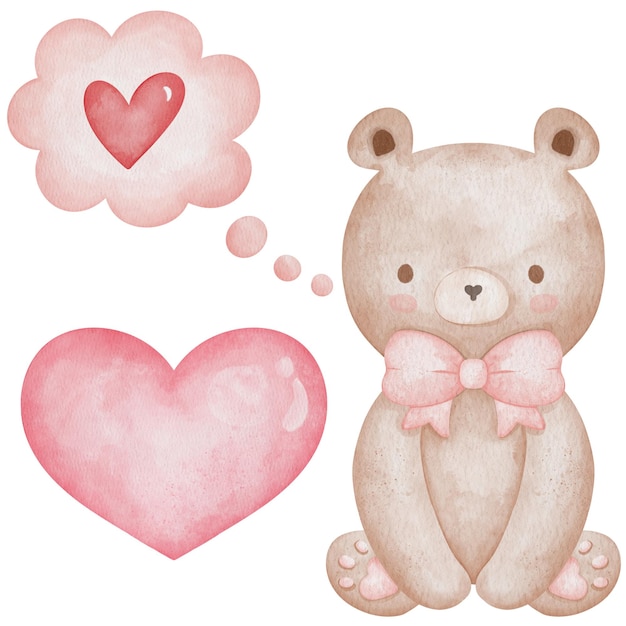Un mignon ours en peluche avec un cœur rose et une bulle de pensée