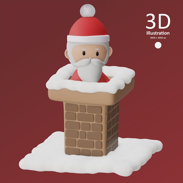 Le mignon Père Noël dans la cheminée 3D rend l'icône joyeux Noël et nouvelle année concept