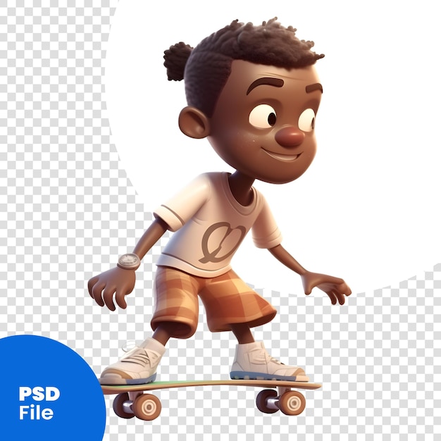 PSD un mignon petit garçon afro-américain qui fait du skateboard en 3d.