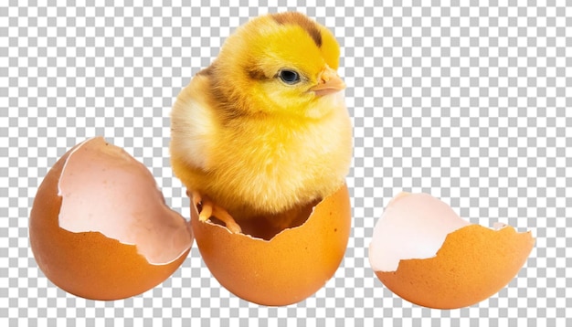 PSD un mignon poulet jaune éclos d'une coquille d'œuf concept de pâques sur un fond transparent