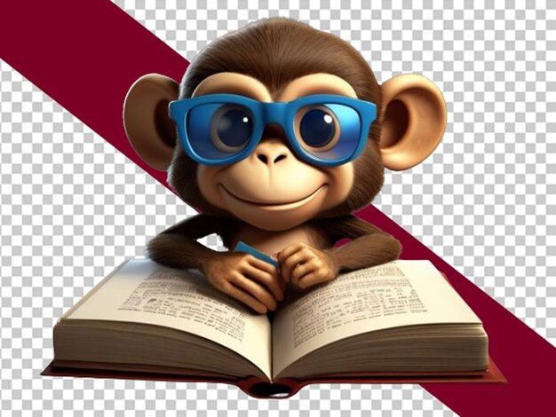 PSD un mignon singe de dessin animé en 3d avec des lunettes de soleil et qui lit un livre.