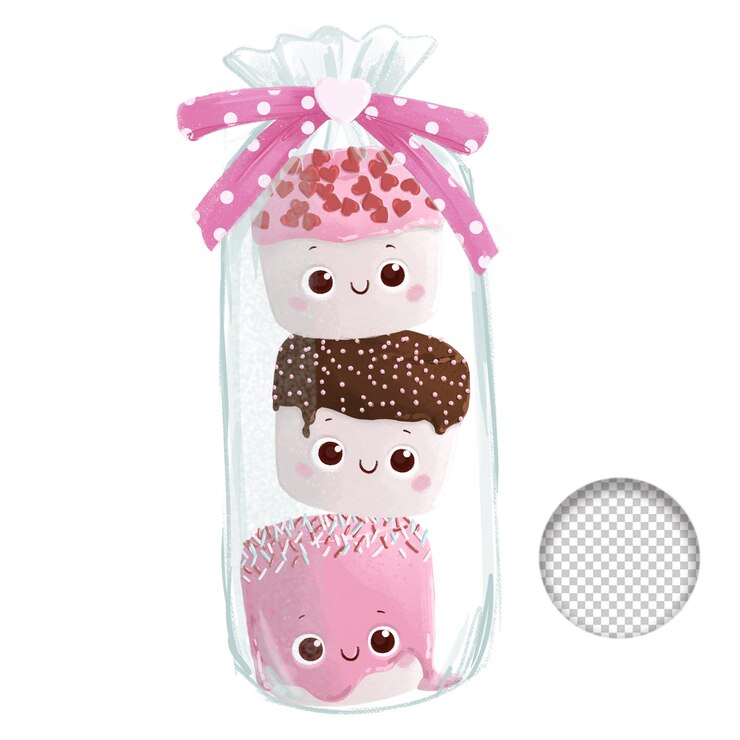 PSD mignon valentines rose glaçage au chocolat noir guimauve présente style kawaii sur fond blanc