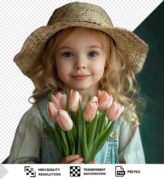 PSD une mignonne petite fille blonde dans une robe à chapeau de paille tient un bouquet de fleurs de printemps un enfant tient un bouquet de tulipes roses