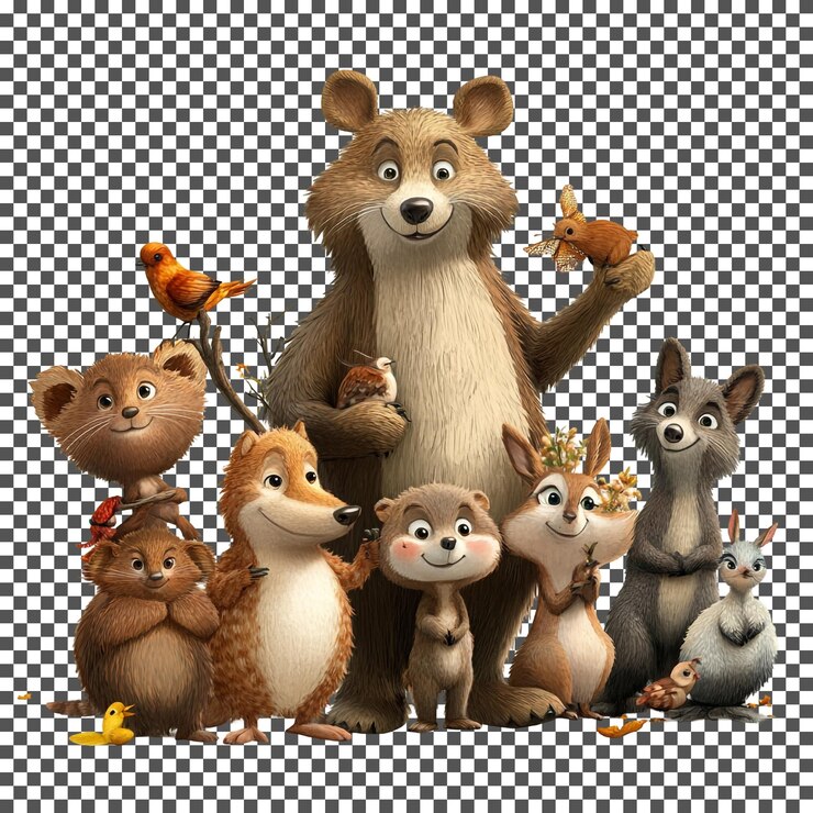 PSD de mignons animaux de la forêt dans le style des dessins animés isolés sur un fond transparent
