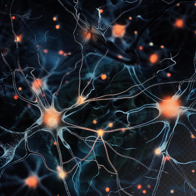 Mikroskopische Neuronenfraktale mit blauen Lichtpartikeln, medizinische Mikrobiologie, schwarzer Hintergrund