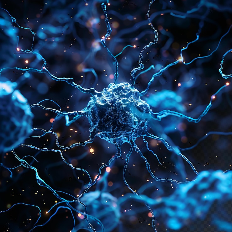 PSD mikroskopische neuronenfraktale mit blauen lichtpartikeln, medizinische mikrobiologie, schwarzer hintergrund