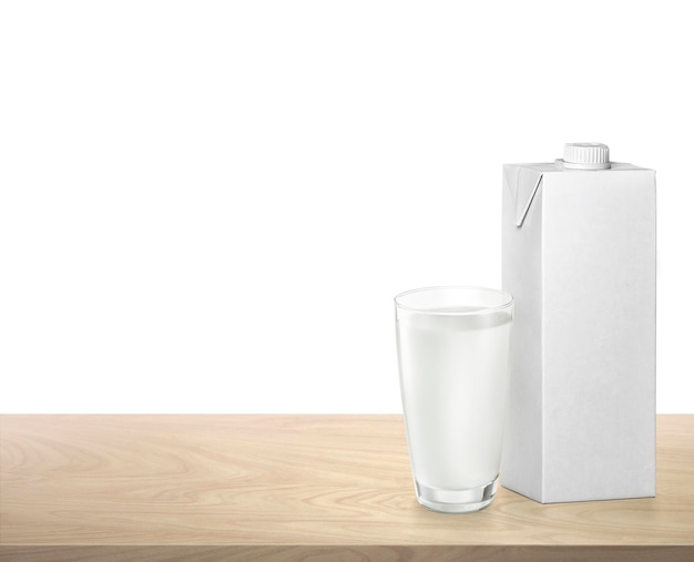 Milch in glas und milchkasten auf hölzernem tisch mit durchsichtigem hintergrund