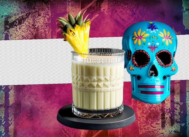 PSD milchiger cocktail, garniert mit ananas, neben blauem mexikanischen totenkopf