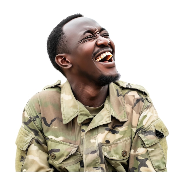 PSD un militar africano sonriendo y riendo.