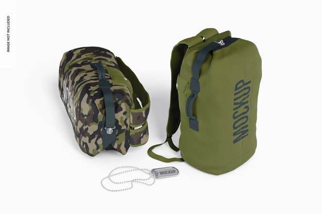 PSD military duffel bags mockup, perspektive