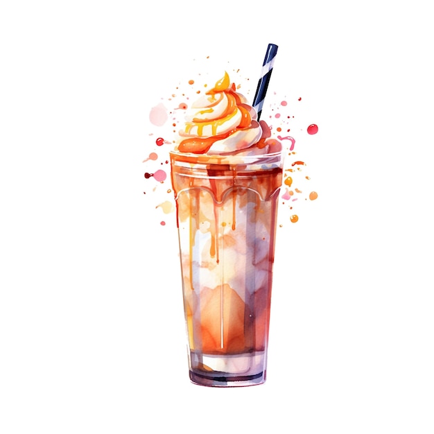 Le Milk-shake Avec Caramel Et Crème Glacée Illustration à L'aquarelle Dans Le Style Dessiné à La Main